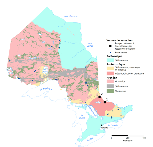 Carte des occurrences de vanadium en Ontario