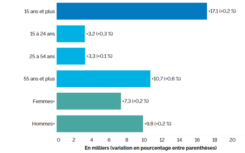 Ce graphique à barres horizontales montre la variation sur 12 mois (entre les troisièmes trimestres de 2024 et de 2025) de l’emploi en Ontario dans les trois principaux groupes d’âge, et selon le genre, par rapport à l’ensemble de la population. La variation est mesurée en milliers, avec le pourcentage entre parenthèses. L’emploi a augmenté chez les travailleurs du principal groupe d’âge actif (25 à 54 ans) (+3 300, +0,1 %), chez les jeunes de 15 à 24 ans (+3 200, +0,3 %) et chez les travailleurs âgés de 55 ans et plus (+10 700, +0,6 %). Chez les femmes+, l’emploi s’est accru de 7 300 (+0,2 %), et chez les hommes+, il a augmenté de 9 800 (+0,2 %). L’emploi total a affiché une hausse de 17 100 (+0,2 %).