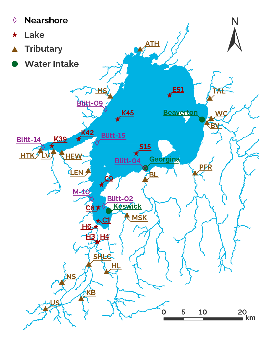 Map showing the locations of water quality monitoring stations across Lake Simcoe and its watershed