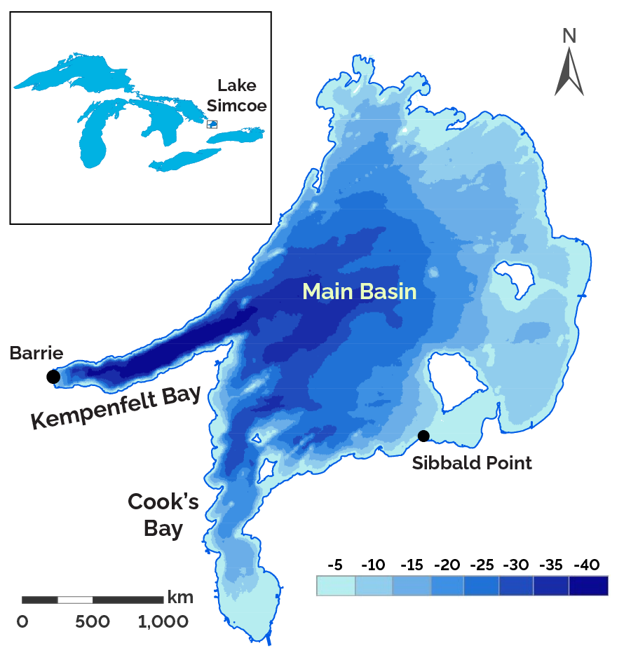 Bathymetric map of Lake Simcoe illustrating the underwater topography of the lake using depth contours in shades of blue