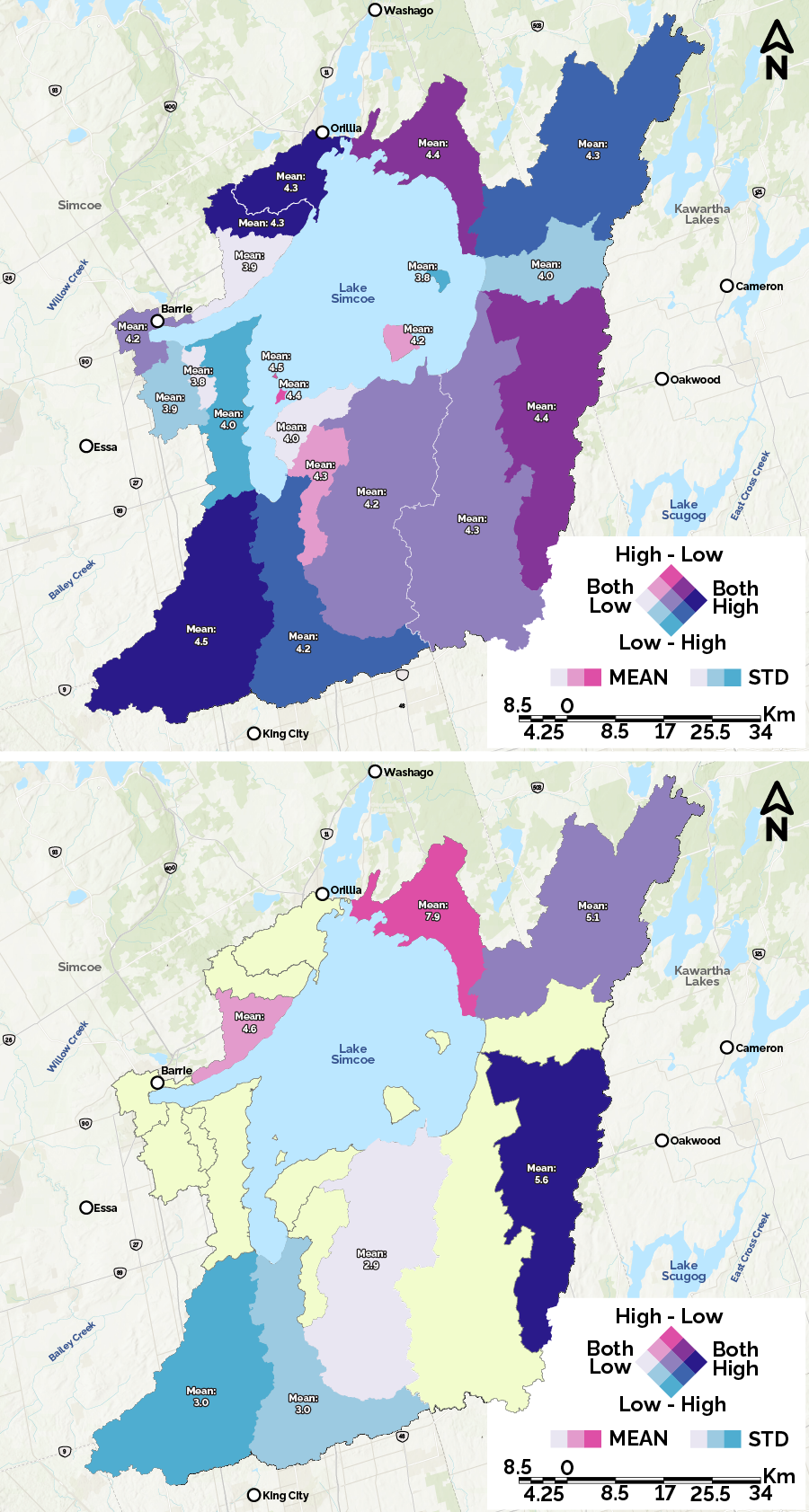 Maps of floristic quality by Lake Simcoe subwatershed for forests on the top and other natural cover on the bottom