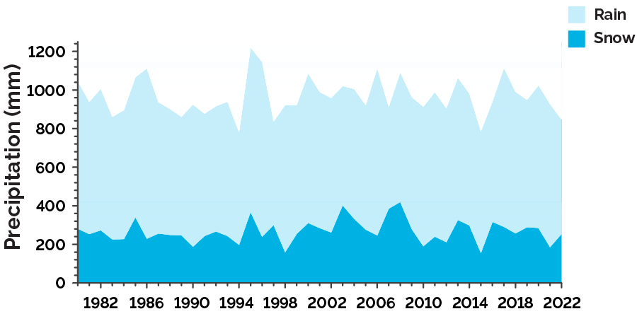 Trends in annual precipitation (rain and snow) from 1980 to 2022 from Environment and Climate Change Canada's Shanty Bay station on the Lake Simcoe watershed