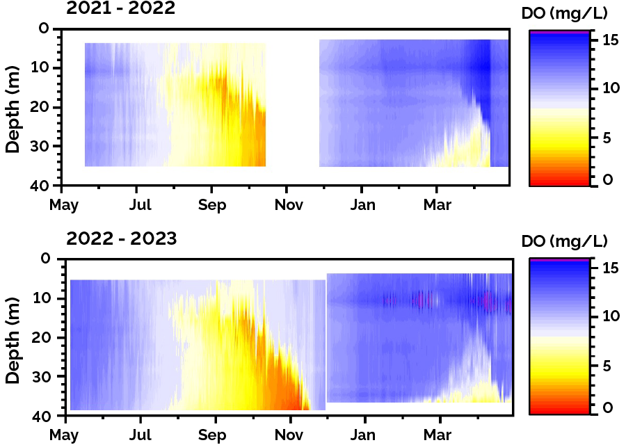 Figure 18. Contour plots showing year-round (May through April) dissolved oxygen (DO) concentration from near the lake surface down to the lake bottom at station K42 for 2021 to 2022 on top graph and 2022 to 2023 on bottom