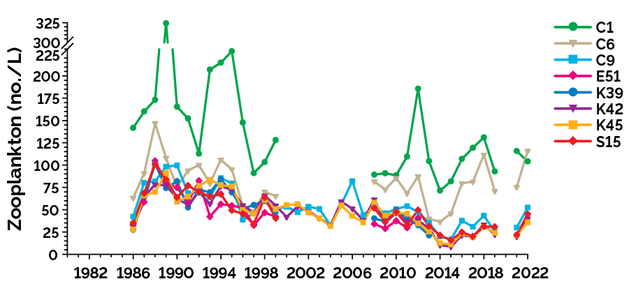 Trends in zooplankton abundance from the ice-free season showing significant declines at all 8 MECP lake stations from 1986 to 2022