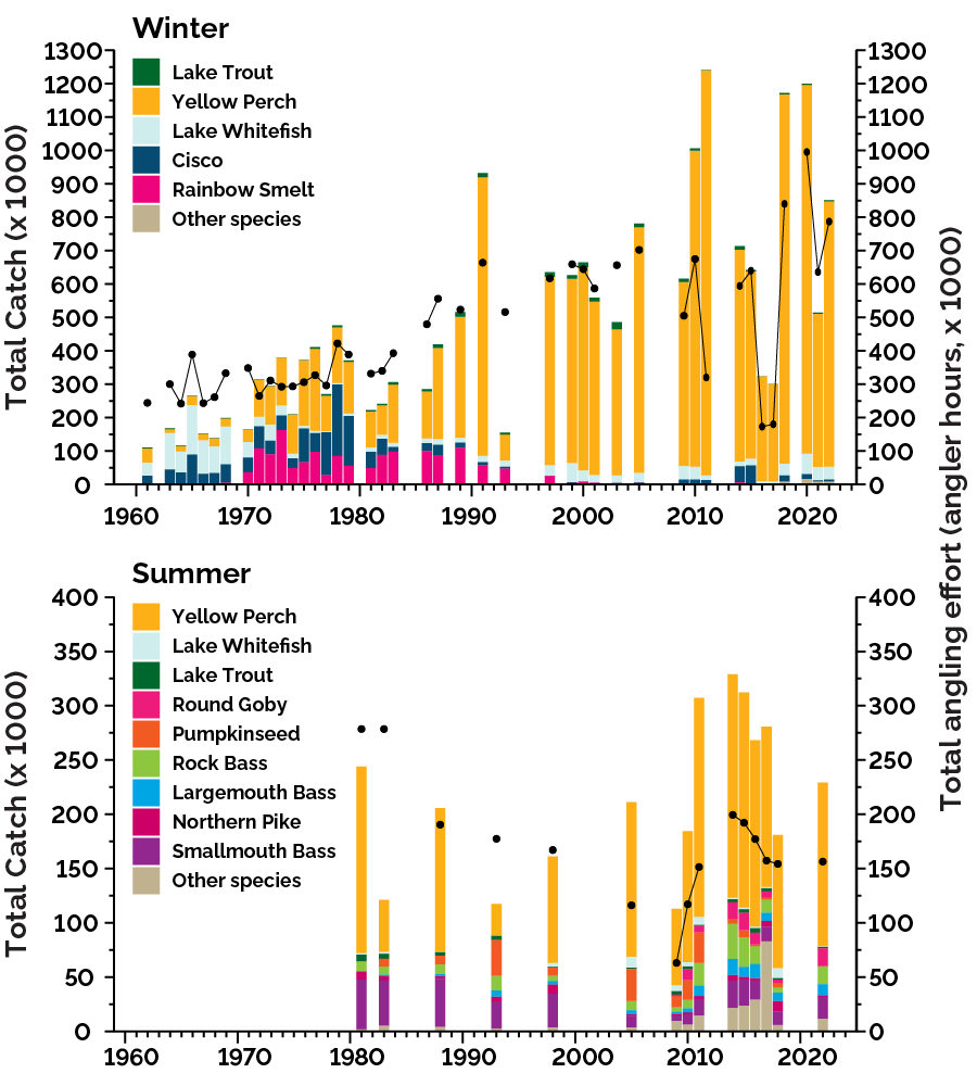 Creel survey trends for Lake Simcoe showing total angling effort and total catch by fish species for winter (top graph) and summer (bottom graph)