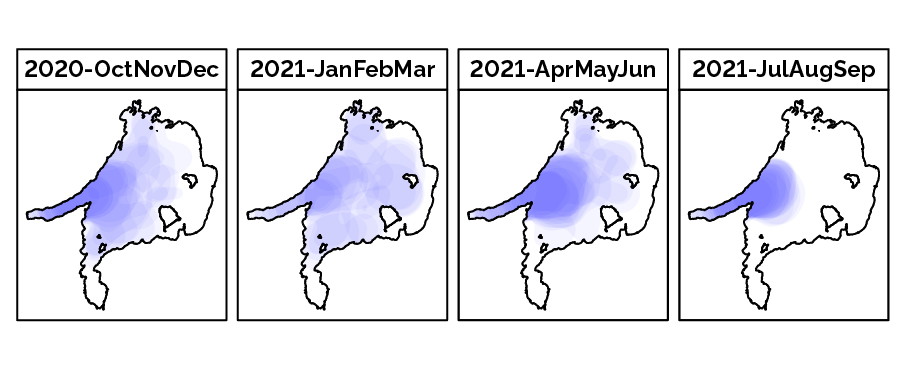 Maps showing the seasonal habitat use of lake trout in Lake Simcoe from October 2020 to September 2021