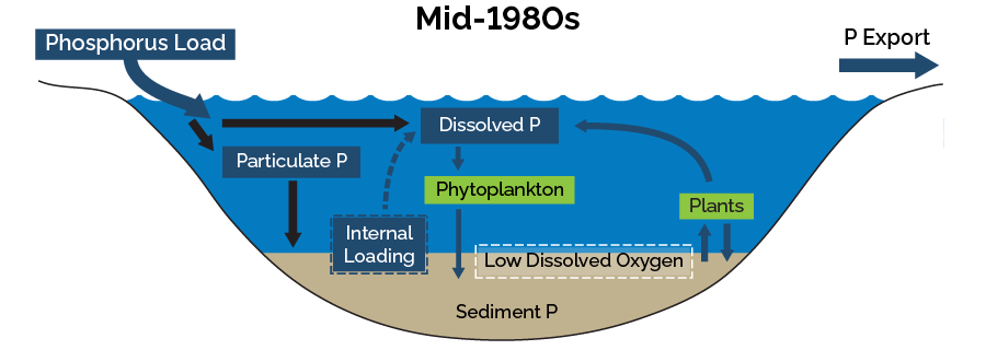 Diagram illustrating Lake Simcoe in the early- to mid-1980s when efforts began that reduced the input of phosphorus