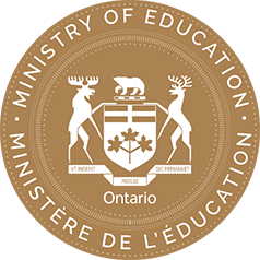 Image d'un sceau circulaire pour le ministère de l'Éducation de l'Ontario. Sur l'anneau extérieur, on peut lire « MINISTRY OF EDUCATION » en haut et « MINISTÈRE DE L'ÉDUCATION » en bas. À l'intérieur, un bouclier contenant trois feuilles d'érable et un ours sur le dessus est flanqué de deux cerfs dressés. Une bannière sous l’écu affiche la devise latine « UT INCEPIT FIDELIS SIC PERMANET ». Le mot « Ontario » apparaît au-dessous de la bannière.