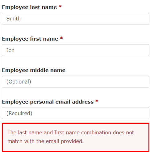 Screenshot illustrating an error message that reads: “The last name and first name combination does not match with the email provided.”