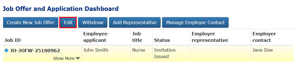 Screenshot illustrating the Job Offer and Application Dashboard with the edit button highlighted. 