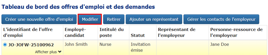 Capture d’écran montrant le Tableau de bord des offres d’emploi et des demandes; le bouton «&nbsp;Modifier&nbsp;» est encadré.