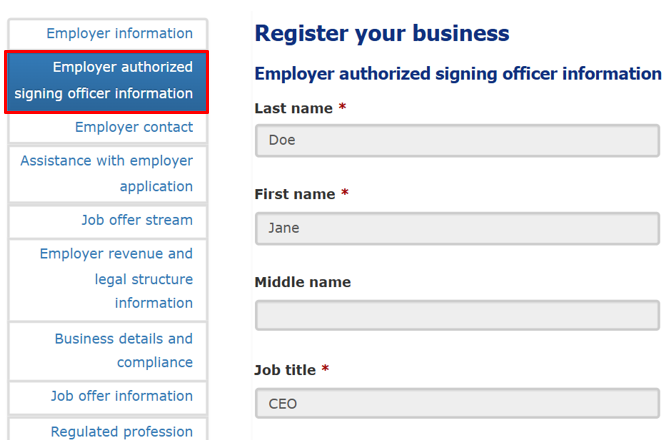 Screenshot illustrating the Employer authorized signing officer information tab. 