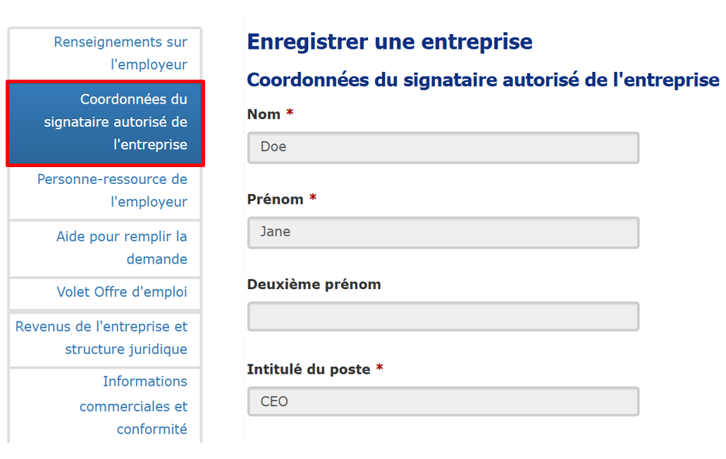 Capture d’écran montrant l’onglet «&nbsp;Coordonnées du signataire autorisé de l’entreprise&nbsp;».