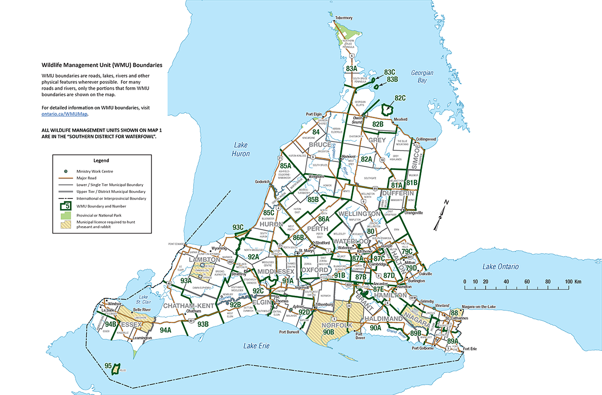 Wildlife Management Unit 1 map of Southwestern Ontario.