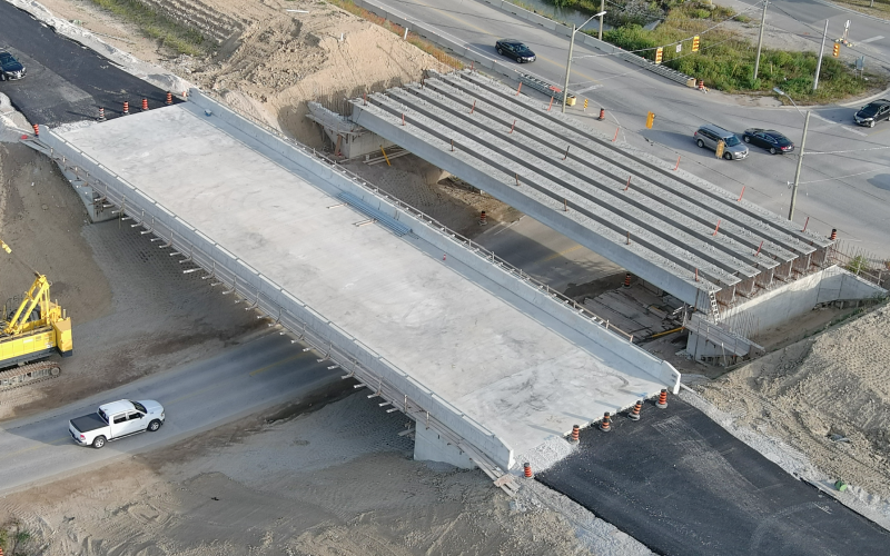 Overhead view of a Highway 3 bridge under construction.