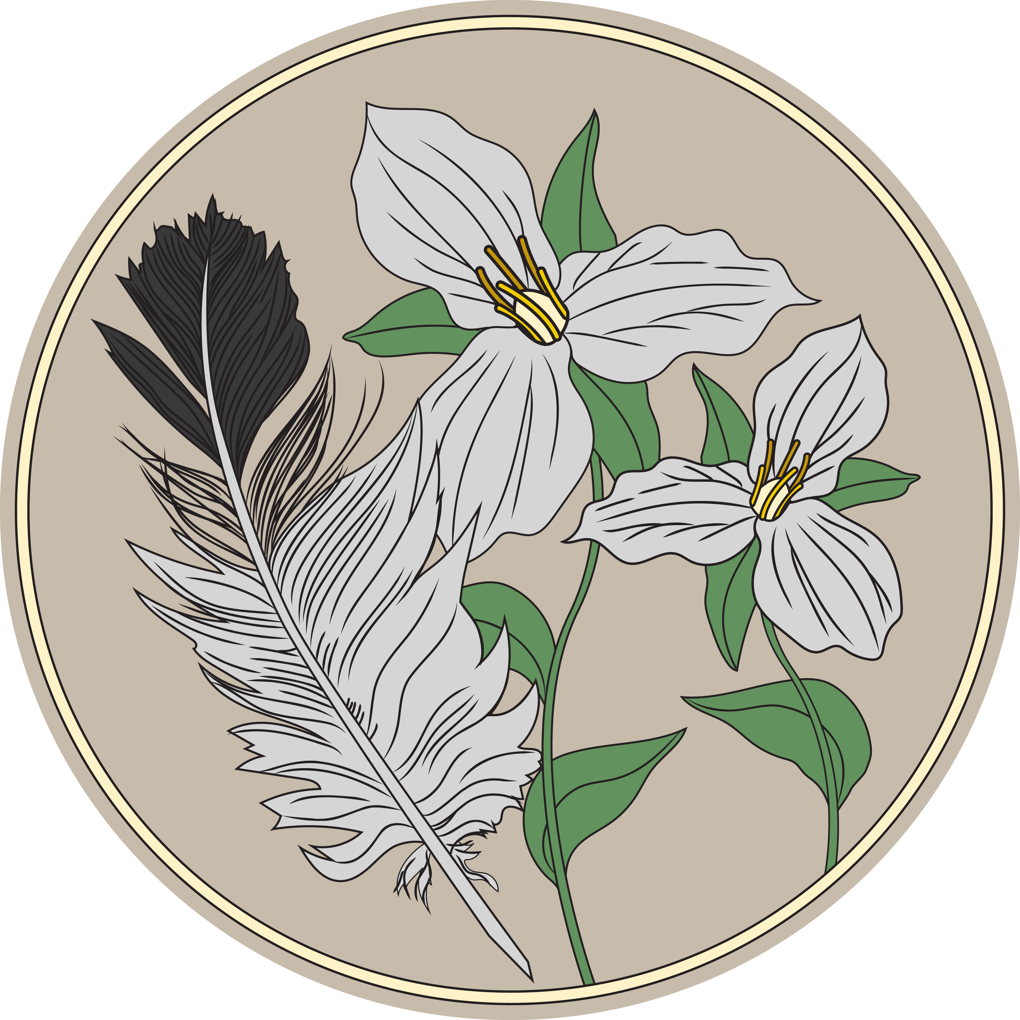 Emblème circulaire représentant une plume d’aigle noire et blanche à côté de deux fleurs de trille blanches avec des feuilles vertes sur un fond beige.