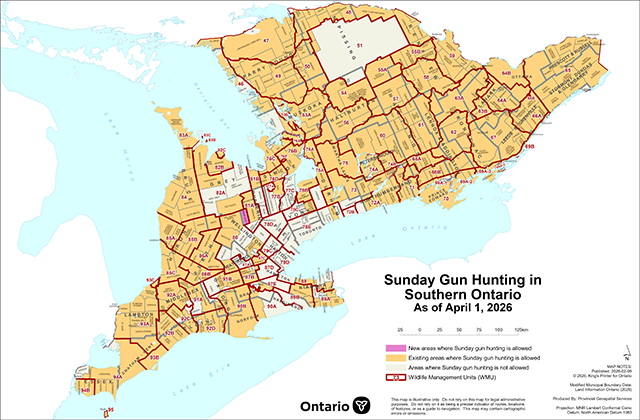 Map showing municipalities that allow Sunday gun hunting in Southern Ontario, effective April 1, 2026. The map highlights the Town of Grand Valley as a newly added municipality.