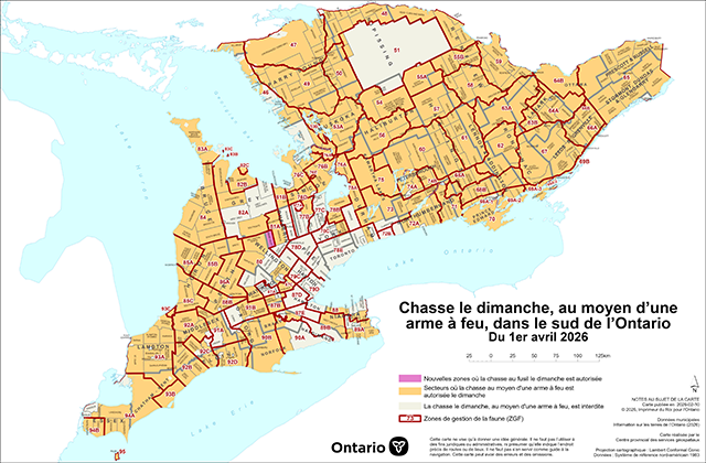 Carte montrant les municipalités du sud de l'Ontario autorisant la chasse au fusil le dimanche, à compter du 1er avril 2026. La carte met en évidence la ville de Grand Valley comme nouvelle municipalité ajoutée.