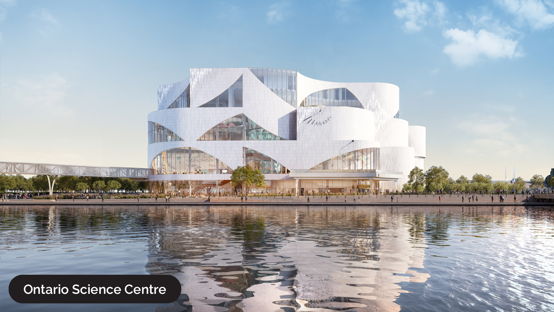 Ontario Science Centre – new building, south side facing north across water.