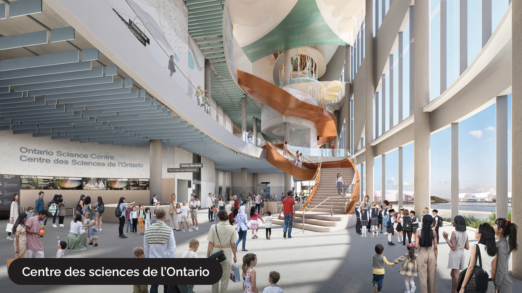 Centre des sciences de l’Ontario — nouveau bâtiment, entrée principale avec atrium.