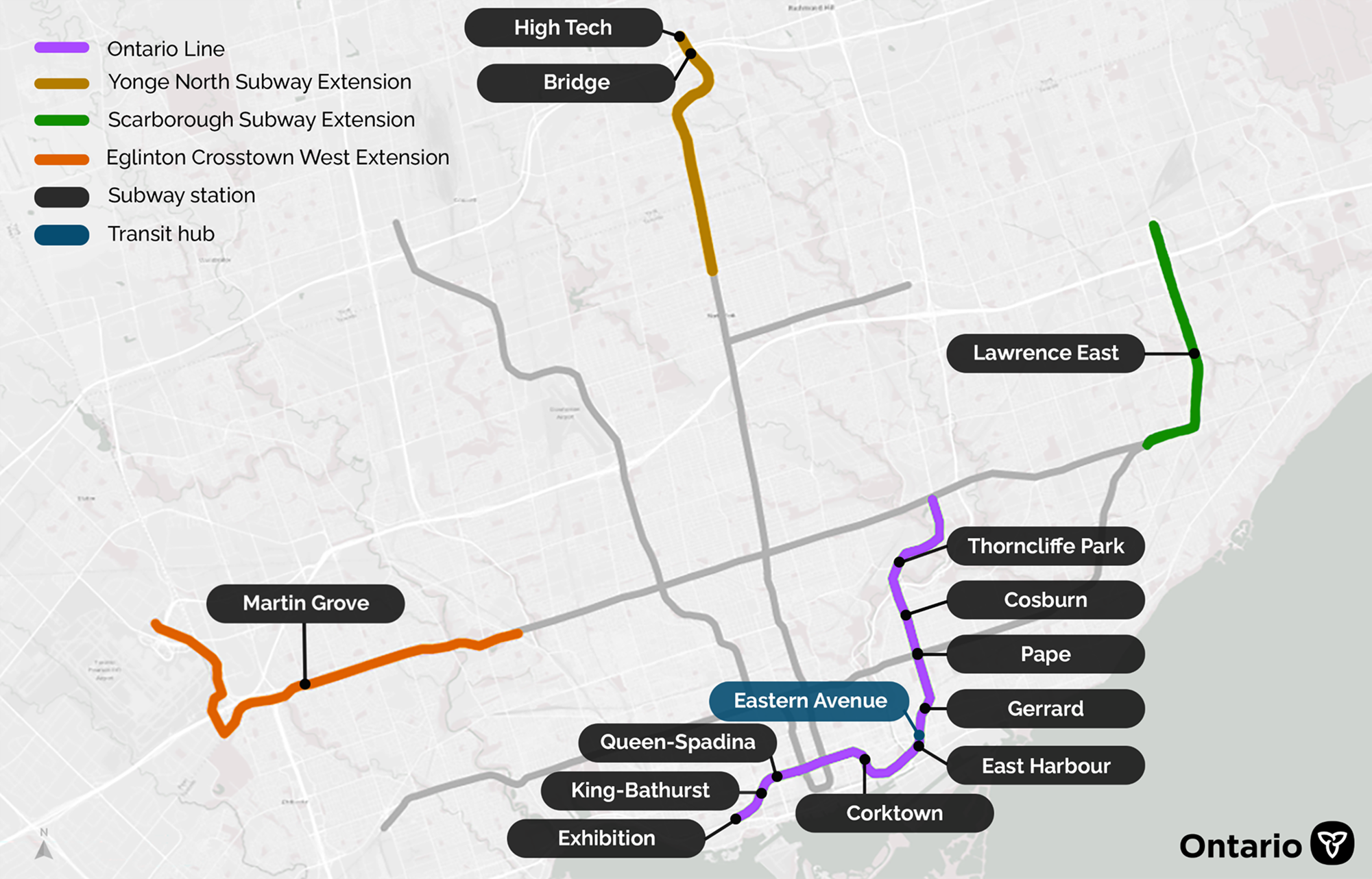 A map of Toronto showing four subway lines with labels indicating proposed transit-oriented communities around stations and transit hub. 