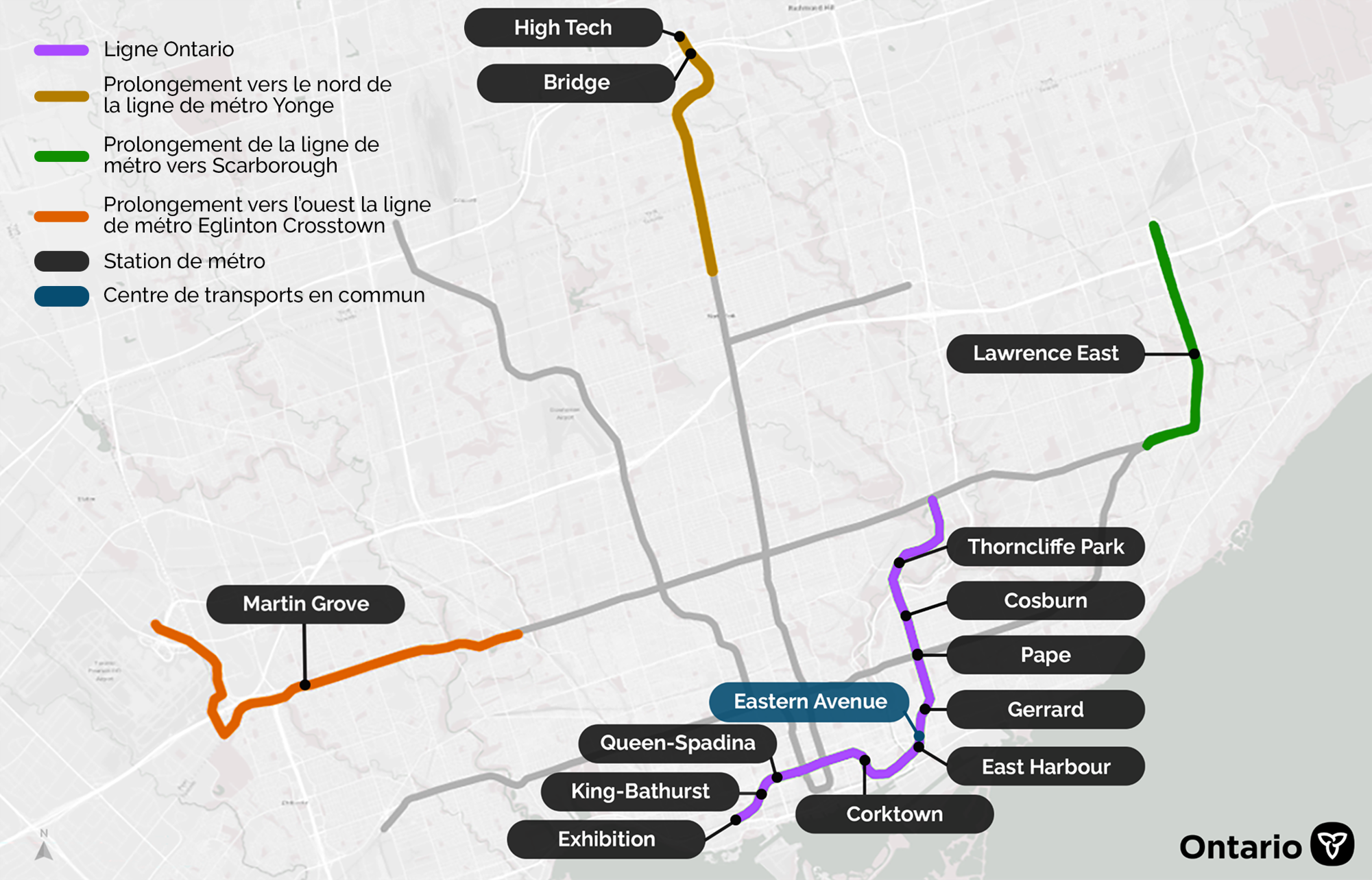 Une carte de Toronto illustrant quatre lignes de métro avec des étiquettes indiquant des communautés axées sur le transport en commun autour des stations et un centre de transports en commun. 