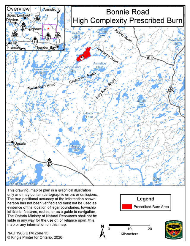 This map shows the area of the Bonnie Road prescribed burn, located 63 kilometers northeast of the community of Upsala.