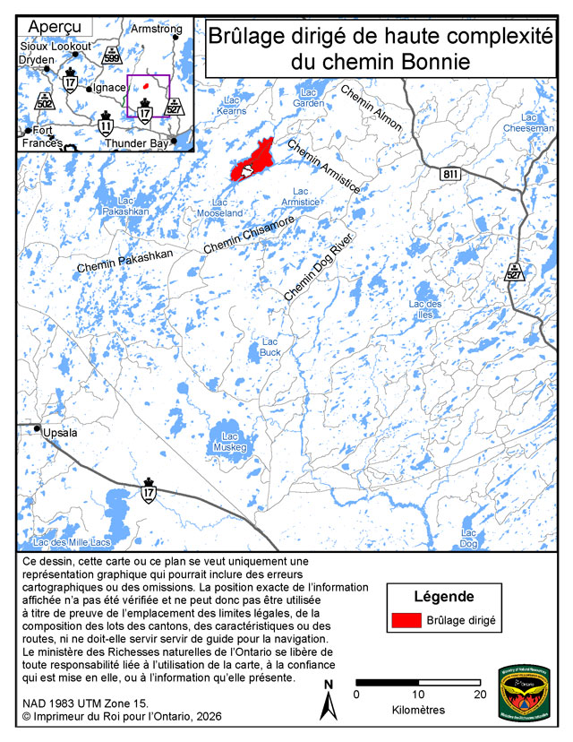 Cette carte montre la zone du brûlage dirigé de Bonnie Road situé à 63&nbsp;kilomètres au nord-est de la communauté d’Upsala.