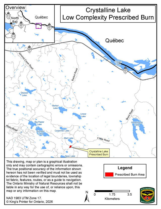 This map shows the area of the Crystalline Lake prescribed burn, located 7 kilometers southwest of the community of Deux-Rivières.