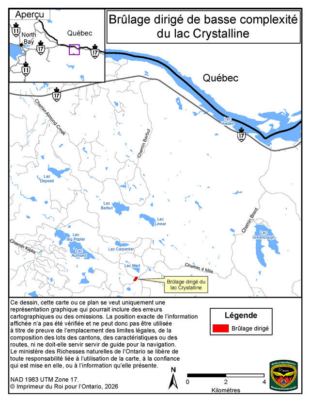 Cette carte montre la zone du brûlage dirigé du Lac Crystalline situé à 7&nbsp;kilomètres au sud-ouest de la communauté de Deux-Rivières.
