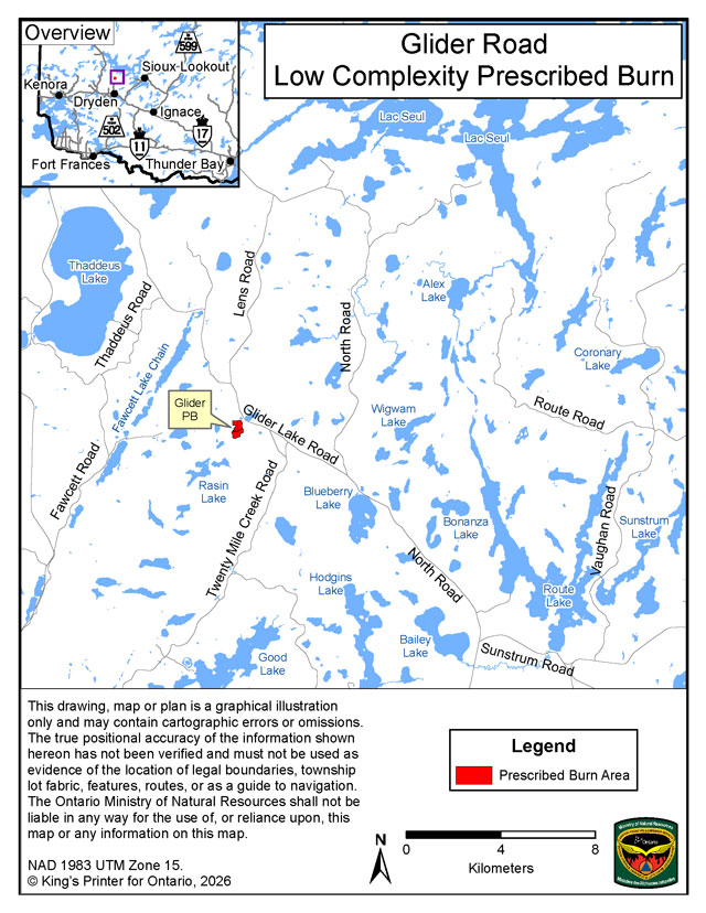 This map shows the Glider Road prescribed burn area, located 37 kilometers north of the community of Dryden.