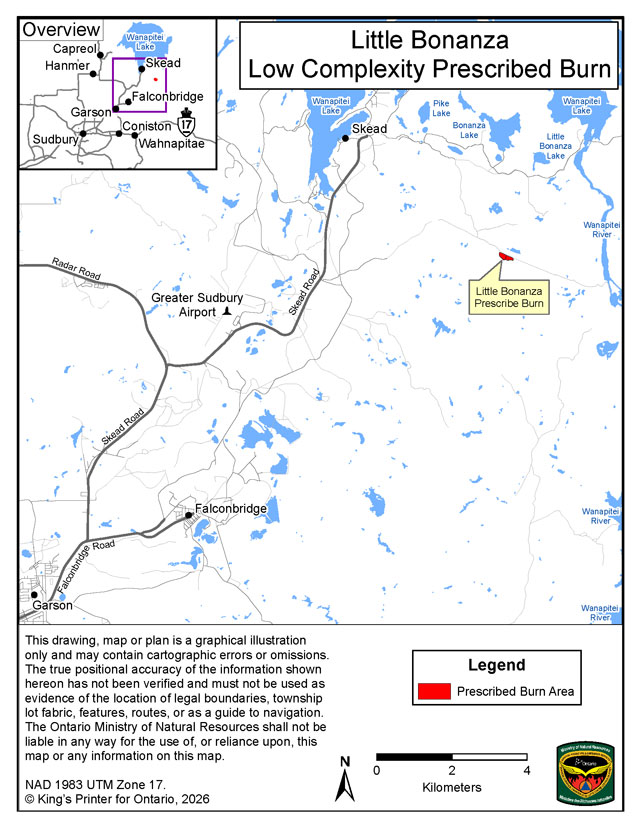 This map shows the area of the Little Bonanza prescribed burn, located 7 kilometers east-northeast of the Sudbury Airport.