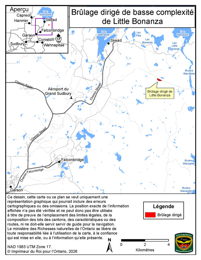 Cette carte montre la zone du brûlage dirigé de Little Bonanza situé à 7&nbsp;kilomètres à l’est-nord-est de l’aéroport de Sudbury.