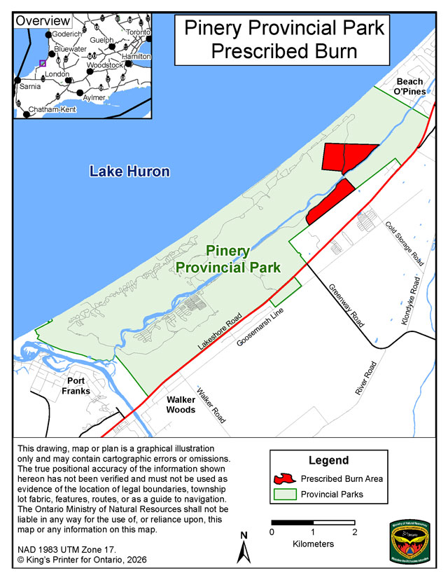 This map shows the controlled burn area within Pinery Provincial Park.