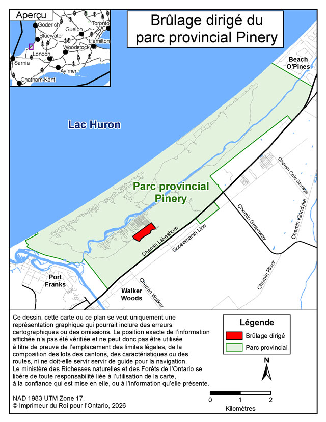 Cette carte démontre l’endroit du brûlage dirigé à l’intérieur du Parc provincial Pinery.