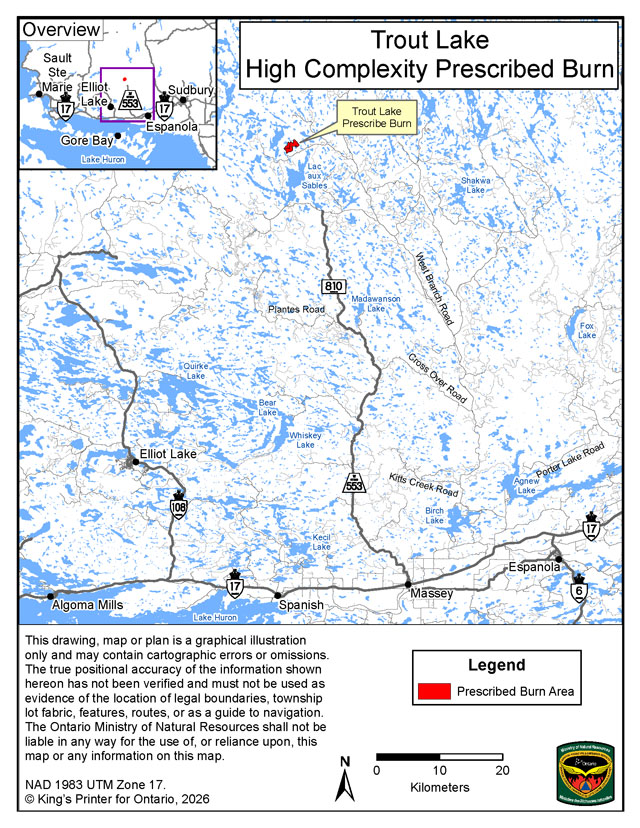 This map shows the area of the controlled burn at Trout Lake, located 71 kilometers north-northwest of the town of Massey.