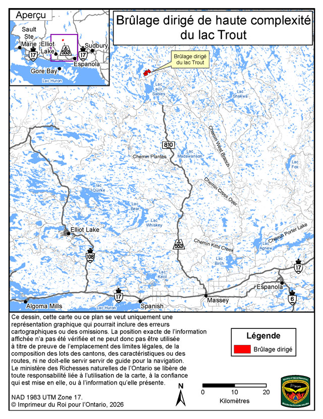 Cette carte montre la zone du brûlage dirigé du Lac Trout, situé à 71&nbsp;kilomètres au nord-nord-ouest de la ville de Massey.