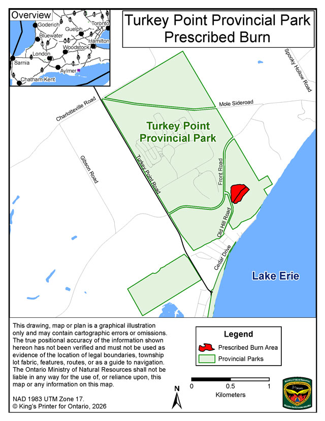 This map shows the controlled burn area within Turkey Point Provincial Park.