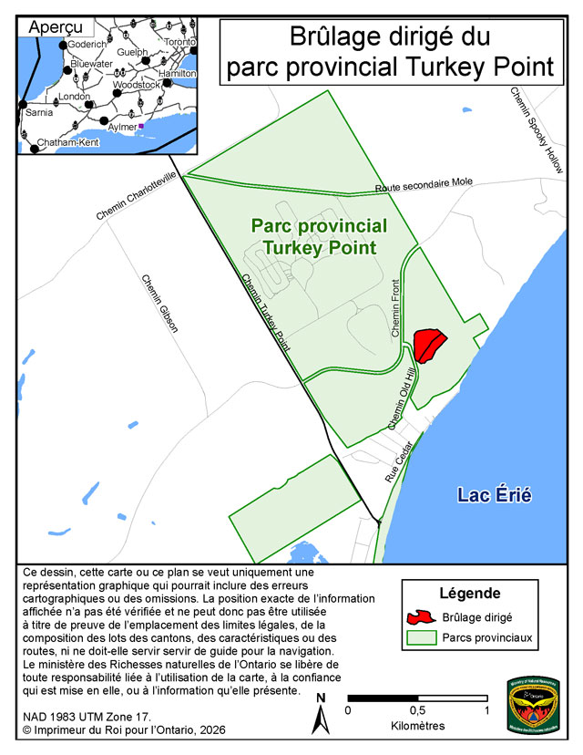 Cette carte démontre l’endroit du brûlage dirigé à l’intérieur du Parc provincial Turkey Point.