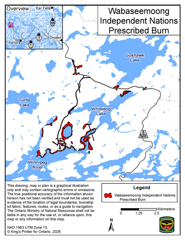 This map shows the area of the Wabaseemoong prescribed burn located within the community of Wabaseemoong First Nation.