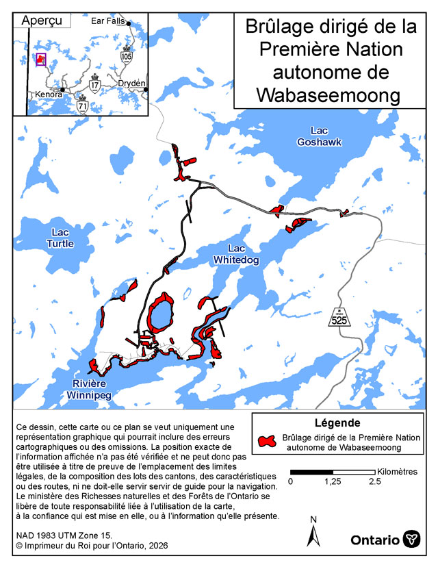 Cette carte illustre la région du brûlage dirigé de Wabaseemoong qui aura lieu dans la communauté de la Première Nation autonome de Wabaseemoong.
