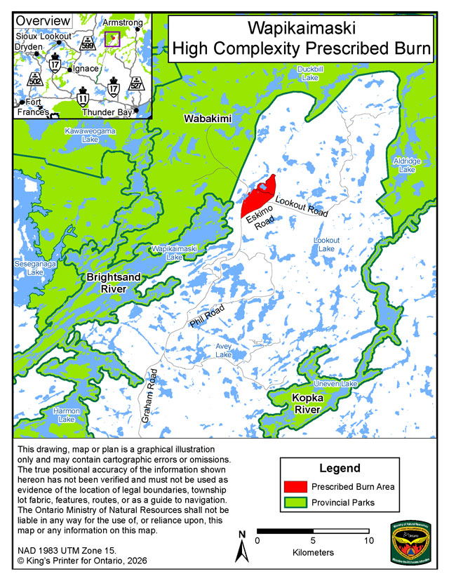 This map shows the Wapikaimaski prescribed burn area, located 33 kilometers north of the community of Dryden.