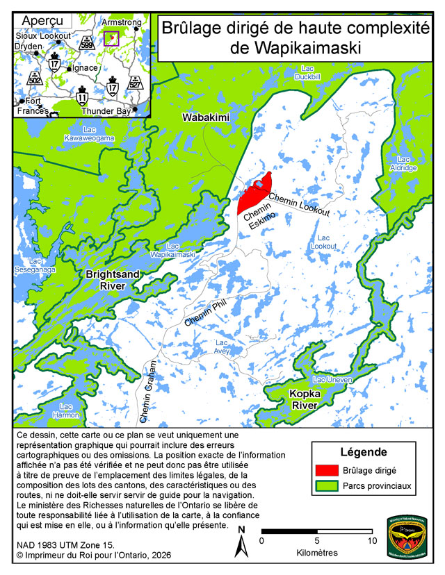 Cette carte montre la zone du brûlage dirigé de Wapikaimaski situé à 33&nbsp;kilomètres au nord de la communauté de Dryden.