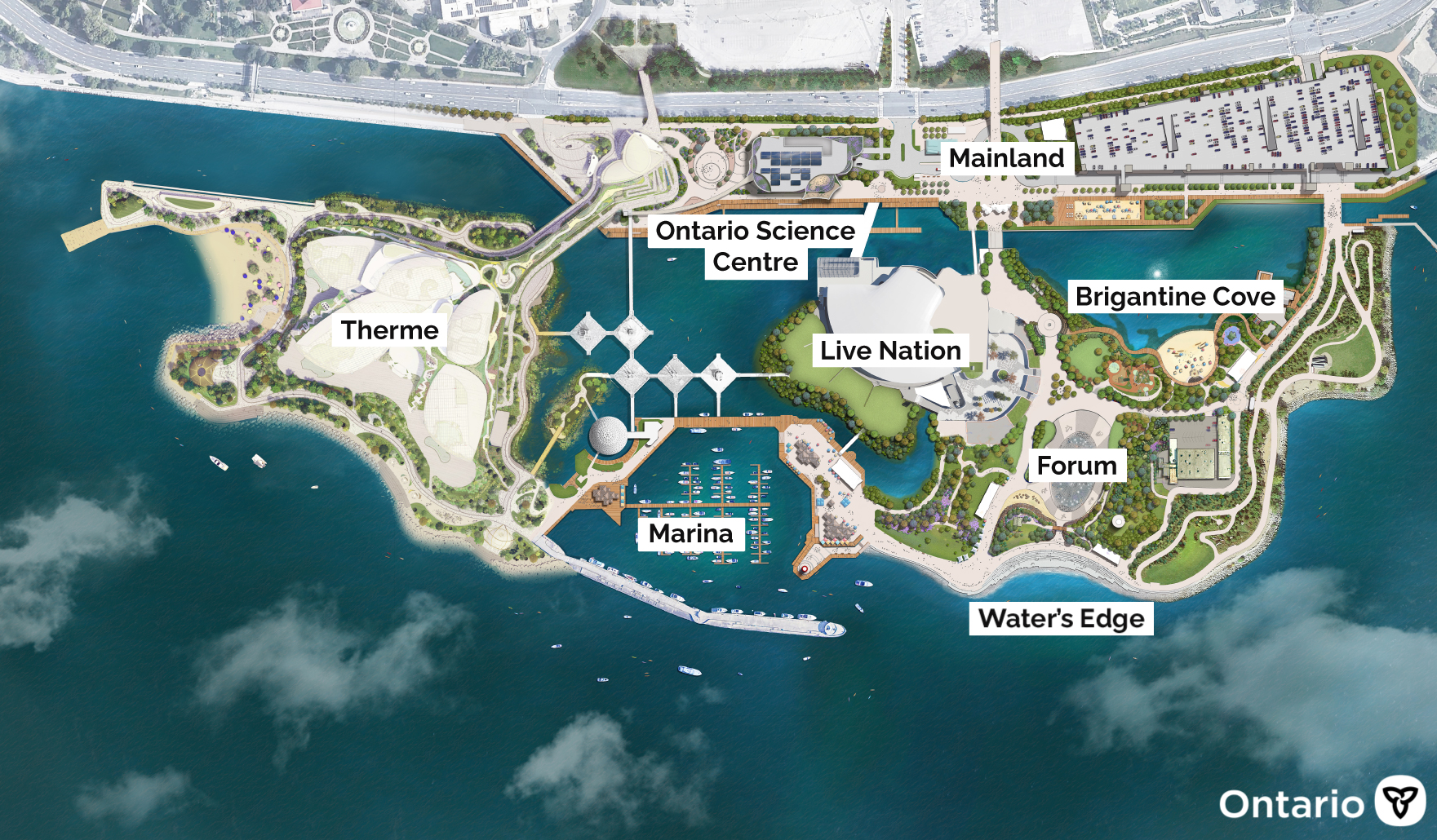 Aerial map of Ontario Place labelling areas from left to right: Therme Canada, Ontario Science Centre, Marina, Live Nation, Mainland, Parking, Brigantine Cove, Forum and Water's Edge