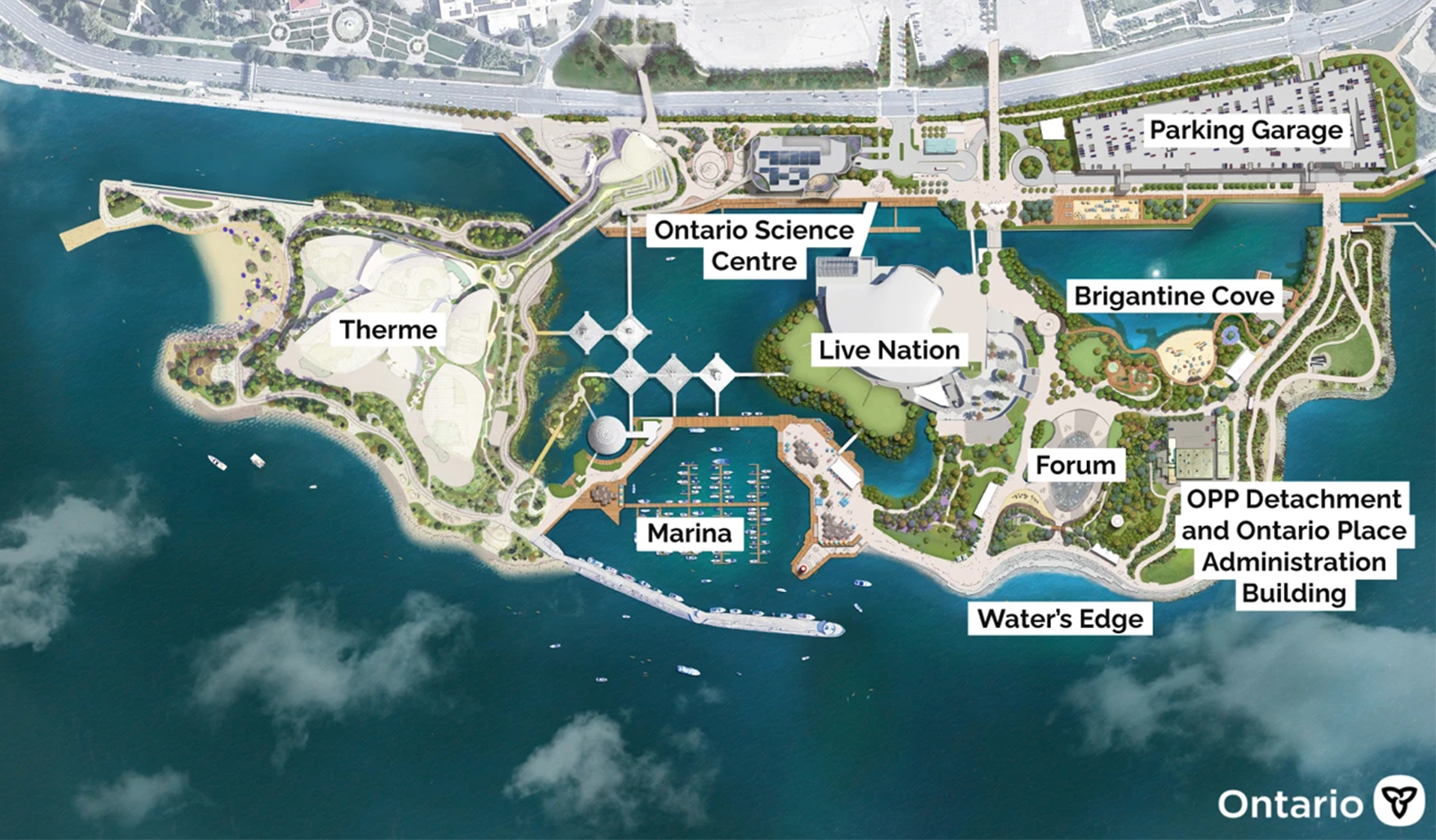 Aerial map of Ontario Place labelling areas from left to right: Therme Canada, Ontario Science Centre, Marina, Live Nation, Mainland, Parking, Brigantine Cove, Forum, Water's Edge and OPP Detachment and Ontario Place Administration Building