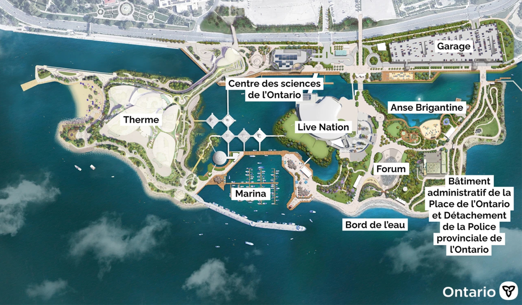 Carte aérienne de la Place de l’Ontario avec, de gauche à droite : Therme Canada, Centre des sciences de l’Ontario, Marina, Live Nation, Terre ferme, Stationnement, Anse Brigantine, Forum, Bord de l’eau et Garage et Bâtiment administratif de la Place de l’Ontario et Détachement de la Police provinciale de l’Ontario