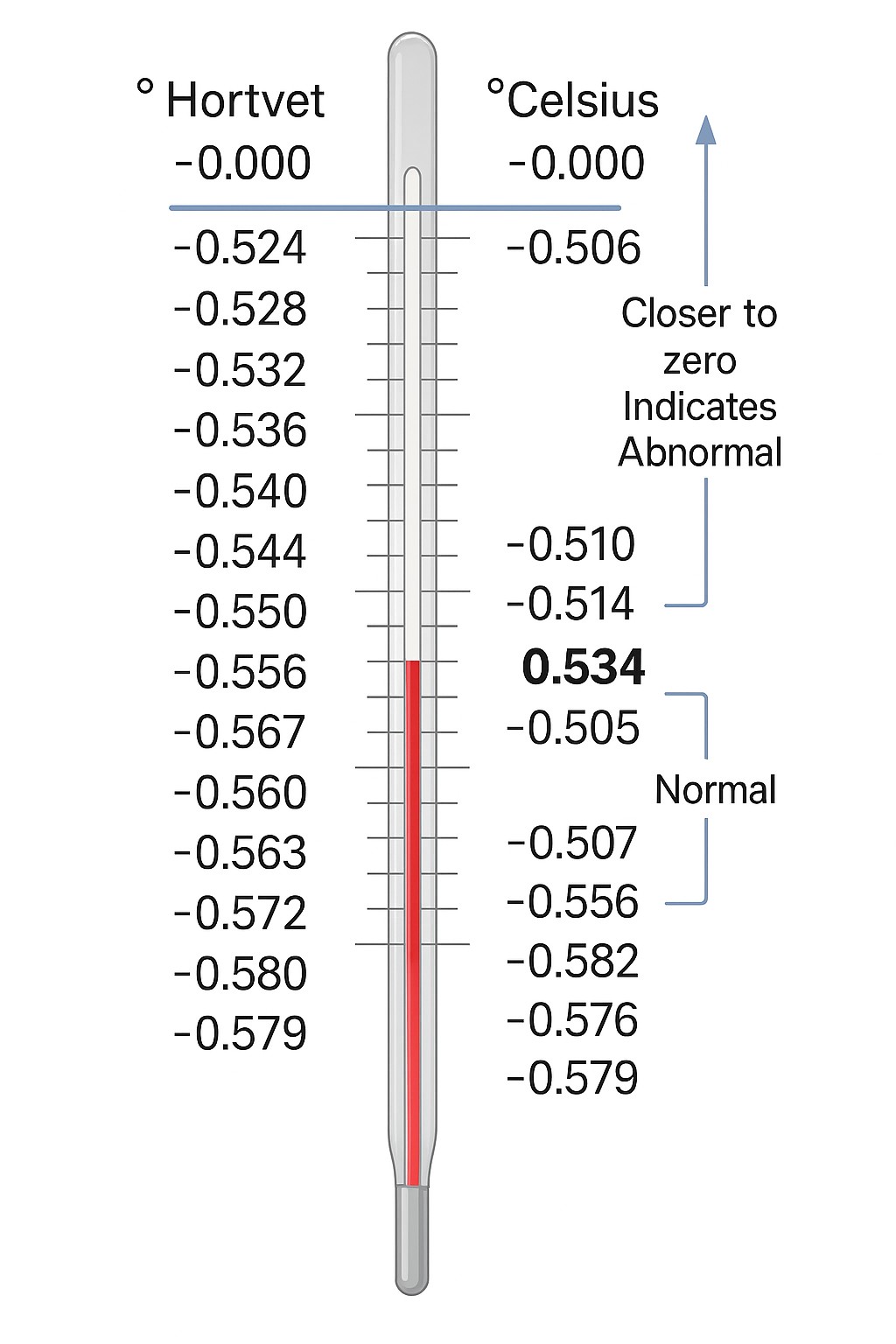 Freezing point temperatures indicating normal and not normal ranges