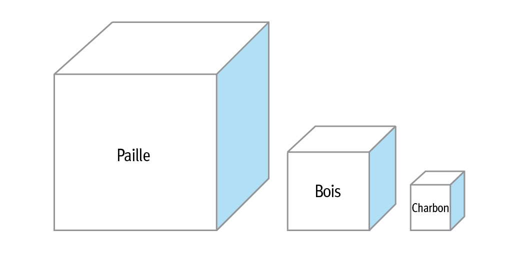 Masses volumiques apparentes typiques de biocombustibles solides et de combustibles fossiles non traités