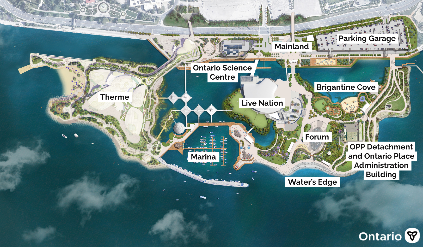 Aerial map of Ontario Place labelling areas from left to right: Therme Canada, Ontario Science Centre, Marina, Live Nation, Mainland, Parking, Brigantine Cove, Forum, Water's Edge and OPP Detachment and Ontario Place Administration Building