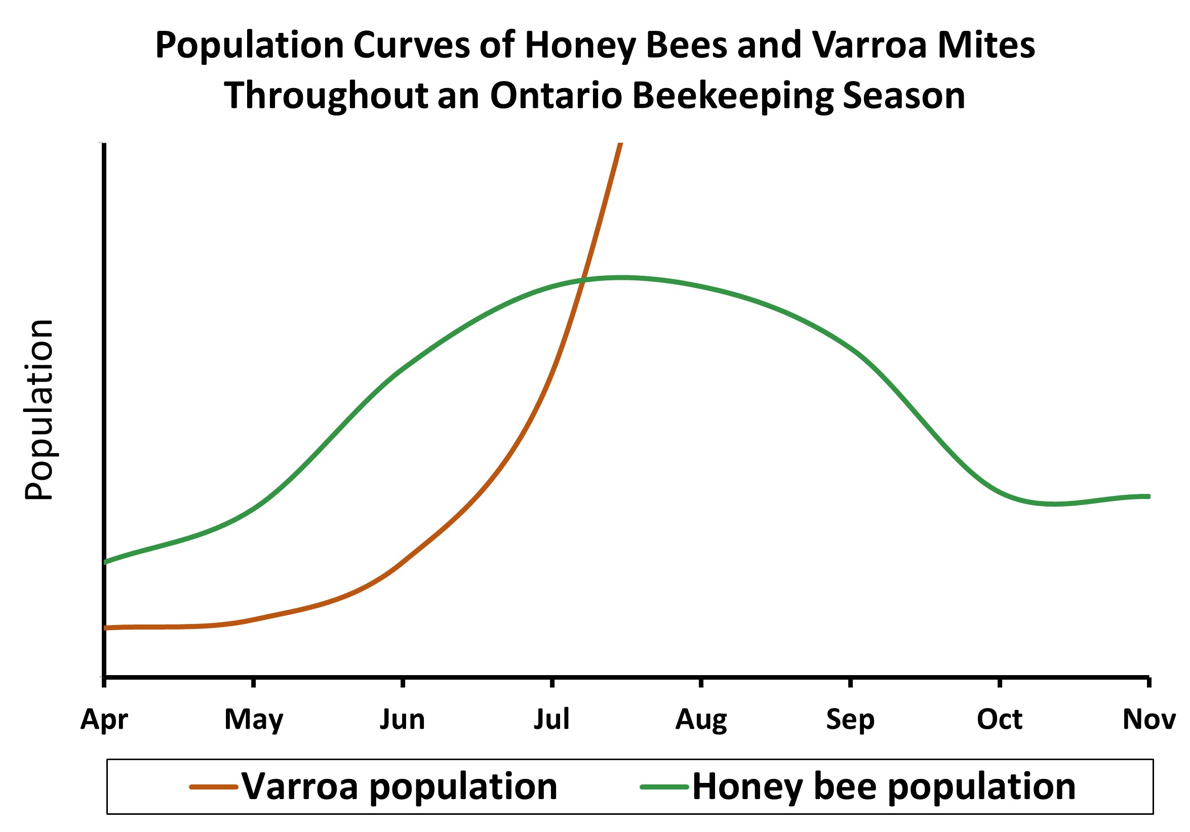 Varroa mite population curve (without treatment or intervention) in relation to a honey bee population curve over a typical Ontario beekeeping season